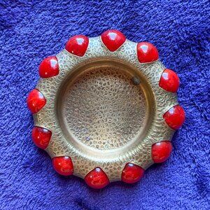 Vintage Fisher Jewel Tray / Red Agate Marbles / Hammered Brass